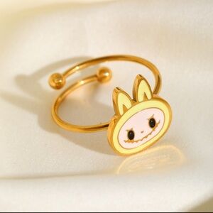 18K Gold Plated Light Yellow Enamel Labubu Theme Ring No Fade Zimomo The Monster